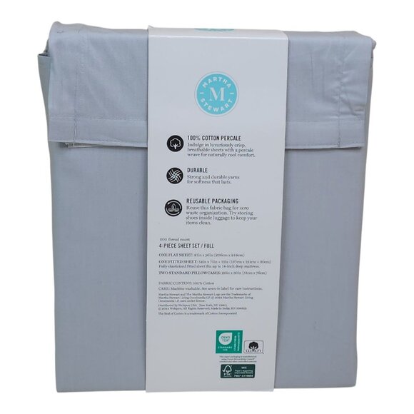 Martha Stewart Full Sheet Set 200 Thread Count Cotton Percale Gray - Picture 6 of 8